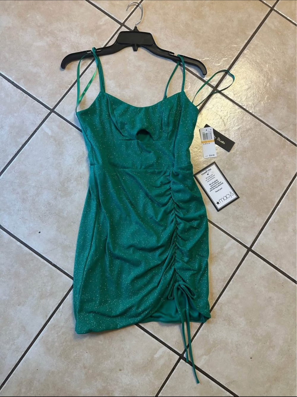 Macy's Emerald Green Sparkle Ruched Mini Dress